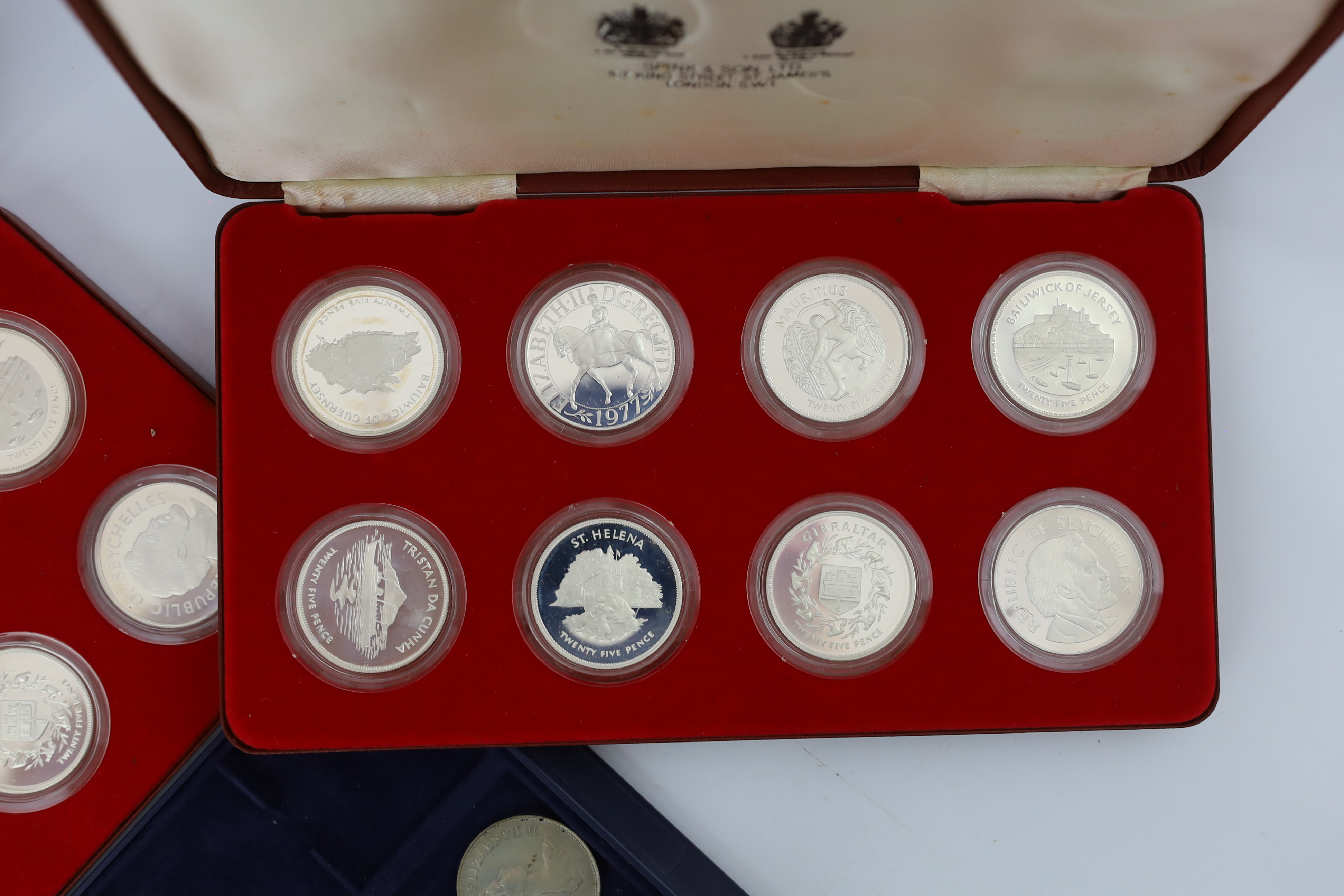 British proof silver coins, Three cased sets of eight crown pieces of the Commonwealth issued to commemorate the Queen's Silver Jubilee in 1977 and other commemorative crowns